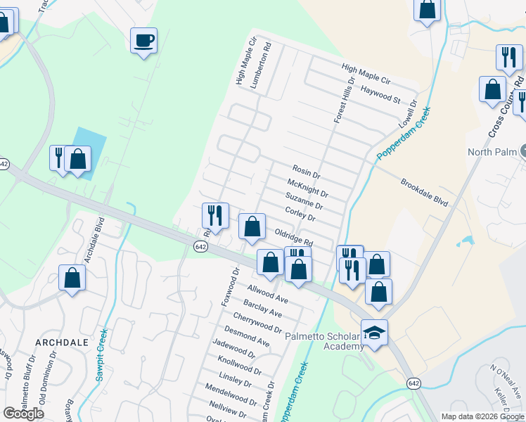 map of restaurants, bars, coffee shops, grocery stores, and more near 7753 Corley Drive in North Charleston