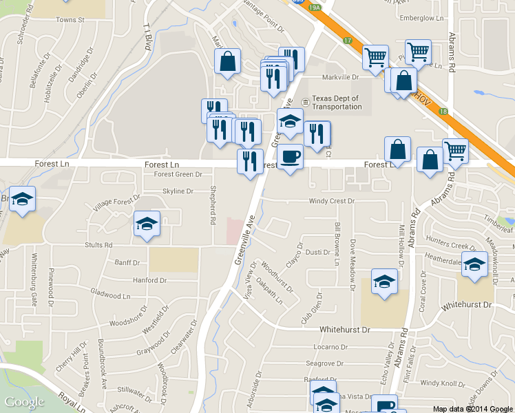 map of restaurants, bars, coffee shops, grocery stores, and more near 9006 Windy Crest Drive in Dallas