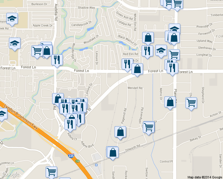 map of restaurants, bars, coffee shops, grocery stores, and more near 9644 Skillman Street in Dallas