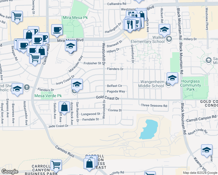 map of restaurants, bars, coffee shops, grocery stores, and more near 8785 Belfast Circle in San Diego