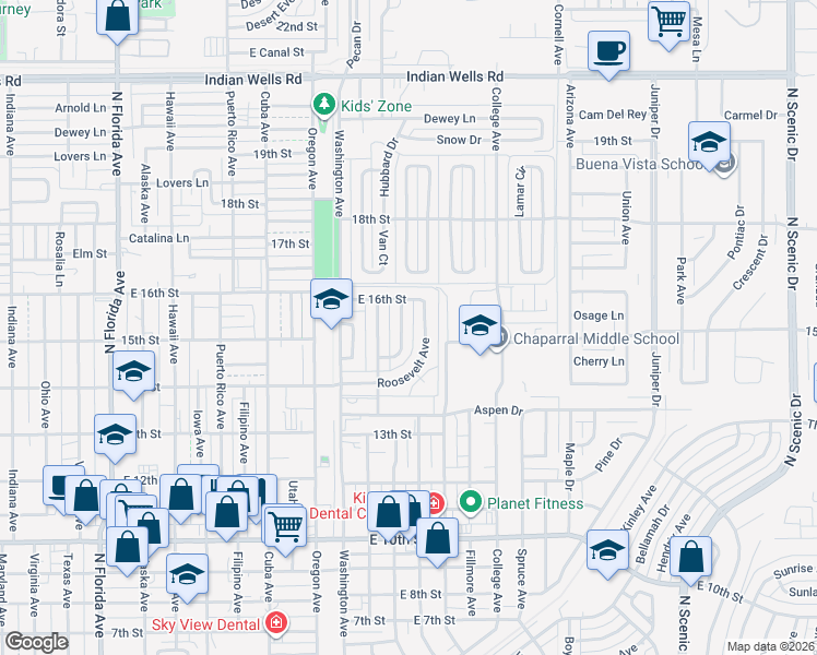 map of restaurants, bars, coffee shops, grocery stores, and more near 1529 Roosevelt Avenue in Alamogordo