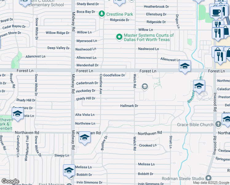 map of restaurants, bars, coffee shops, grocery stores, and more near 4452 Hockaday Drive in Dallas