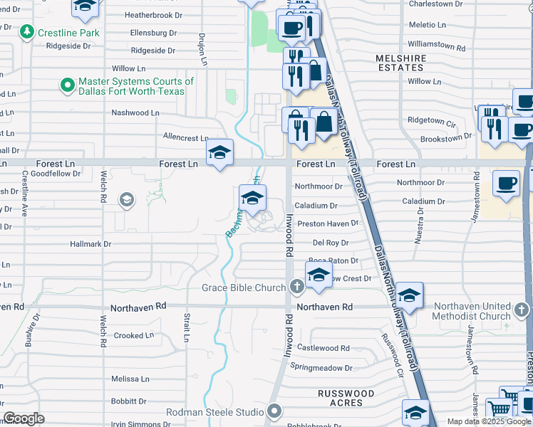 map of restaurants, bars, coffee shops, grocery stores, and more near 11611 Inwood Road in Dallas