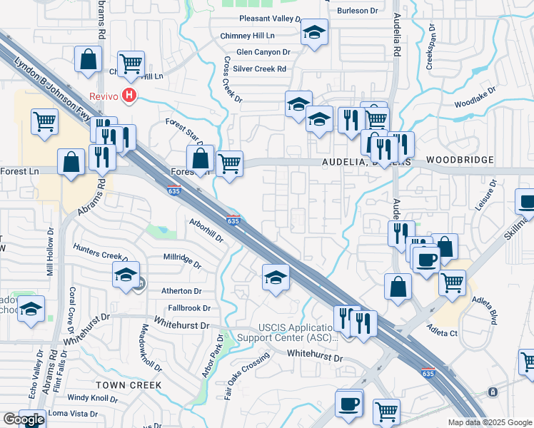 map of restaurants, bars, coffee shops, grocery stores, and more near 9600 Forest Lane in Dallas