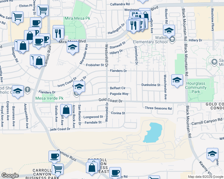 map of restaurants, bars, coffee shops, grocery stores, and more near 8785 Belfast Circle in San Diego