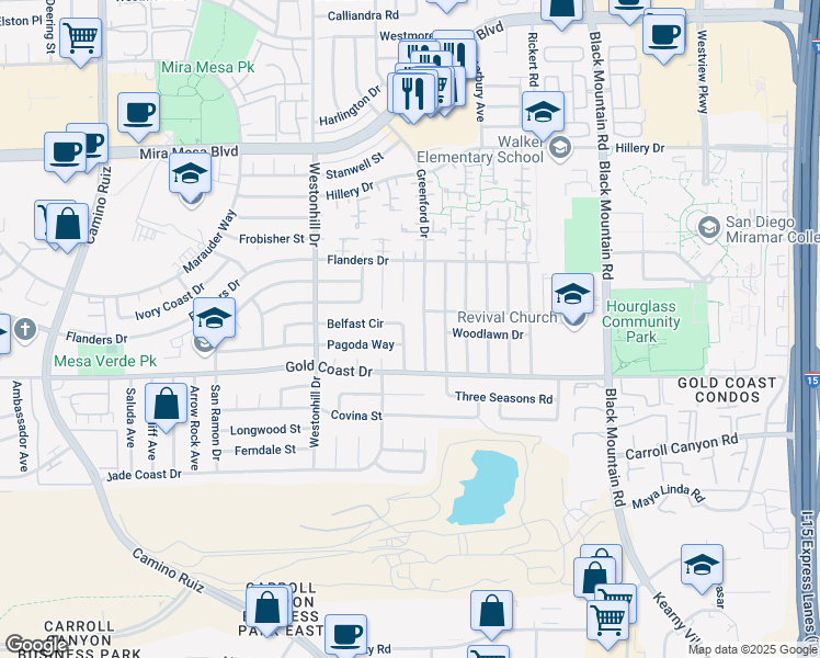 map of restaurants, bars, coffee shops, grocery stores, and more near 10407 Gold Coast Place in San Diego