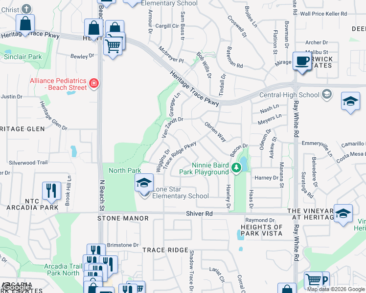 map of restaurants, bars, coffee shops, grocery stores, and more near 9100 Crandall Drive in Fort Worth