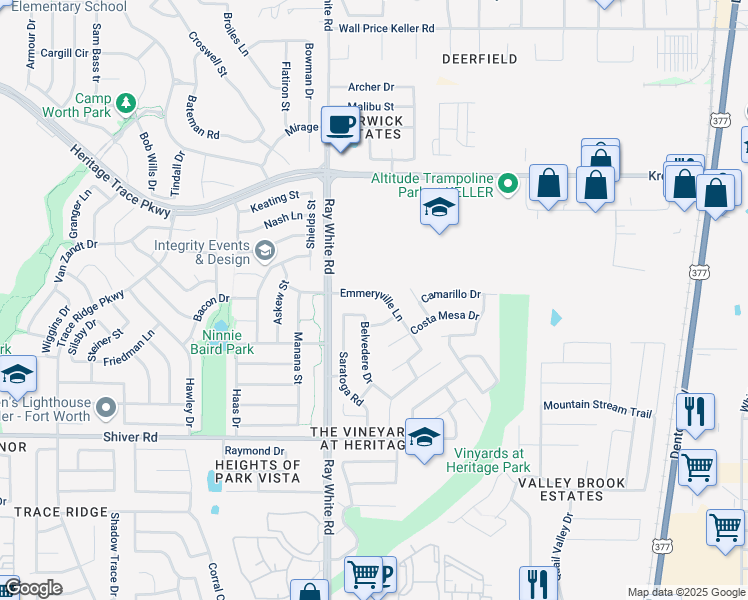 map of restaurants, bars, coffee shops, grocery stores, and more near 5240 Emmeryville Lane in Fort Worth