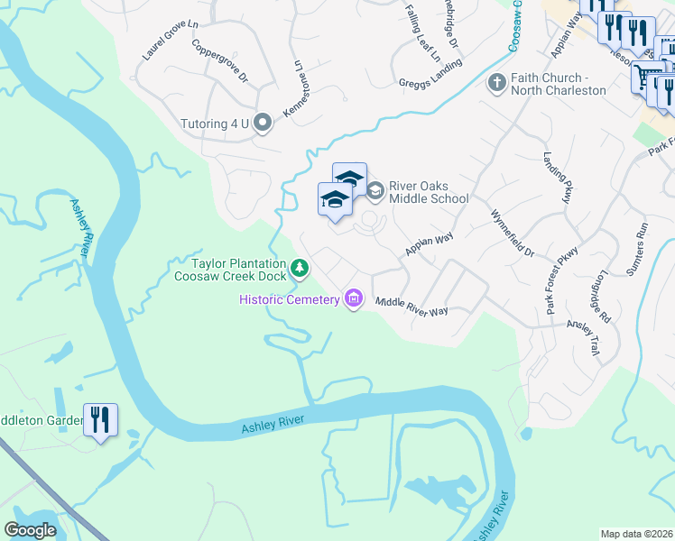map of restaurants, bars, coffee shops, grocery stores, and more near 5405 Horsemint Trail in North Charleston