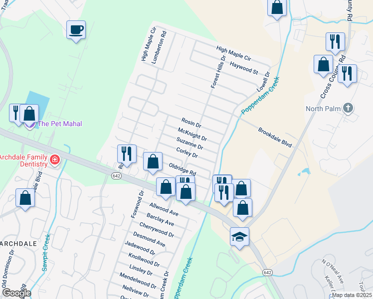 map of restaurants, bars, coffee shops, grocery stores, and more near 7704 Corley Drive in North Charleston
