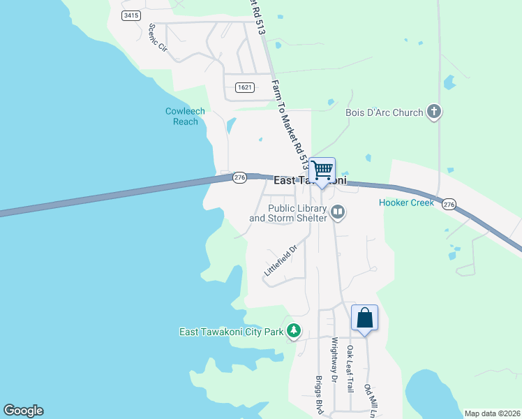 map of restaurants, bars, coffee shops, grocery stores, and more near 241 Lakeview Drive in East Tawakoni