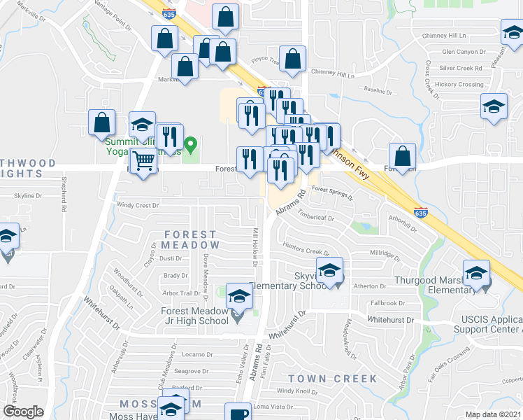 map of restaurants, bars, coffee shops, grocery stores, and more near 9616 Mill Hollow Dr in Dallas