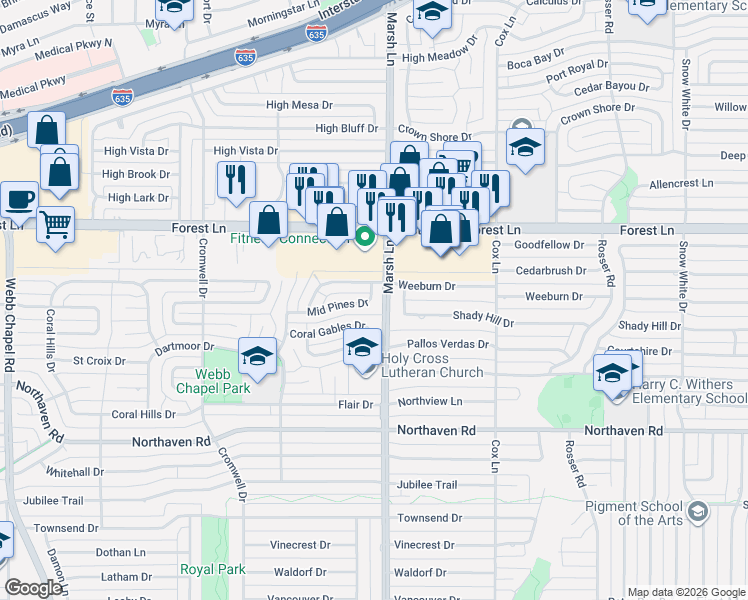 map of restaurants, bars, coffee shops, grocery stores, and more near 3664 Midpines Drive in Dallas
