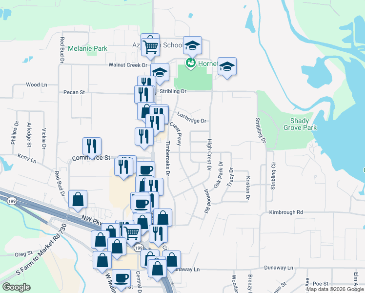 map of restaurants, bars, coffee shops, grocery stores, and more near 804 Lake Crest Parkway in Azle