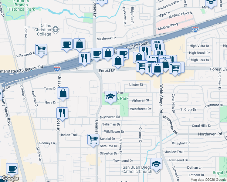map of restaurants, bars, coffee shops, grocery stores, and more near 2960 South Bend Drive in Dallas
