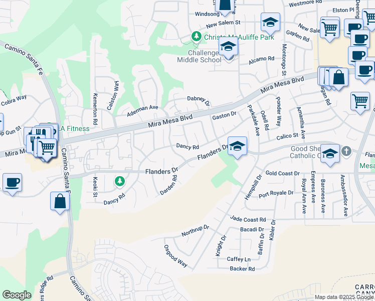 map of restaurants, bars, coffee shops, grocery stores, and more near 7651 Dancy Road in San Diego