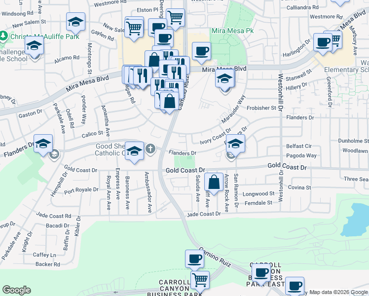 map of restaurants, bars, coffee shops, grocery stores, and more near 8316 Flanders Drive in San Diego