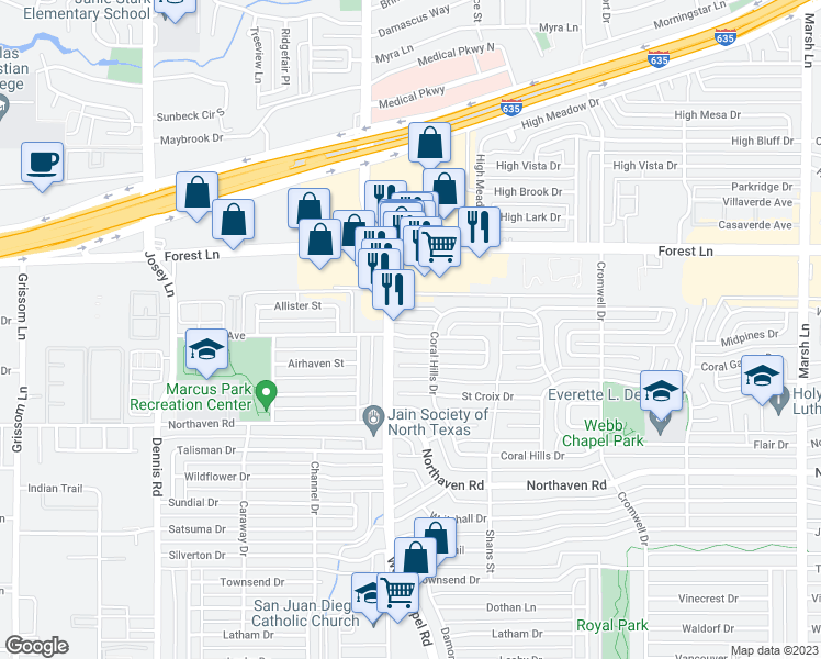 map of restaurants, bars, coffee shops, grocery stores, and more near 3157 Modella Avenue in Dallas
