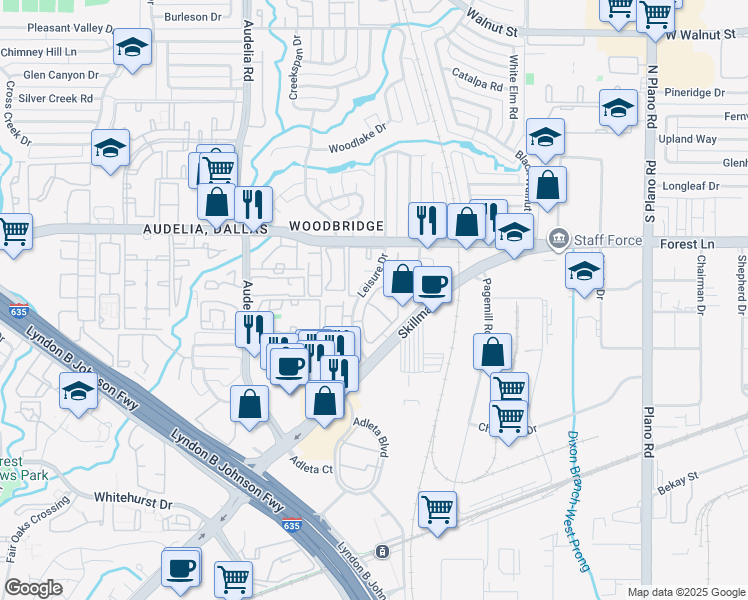 map of restaurants, bars, coffee shops, grocery stores, and more near 9455 Skillman Street in Dallas