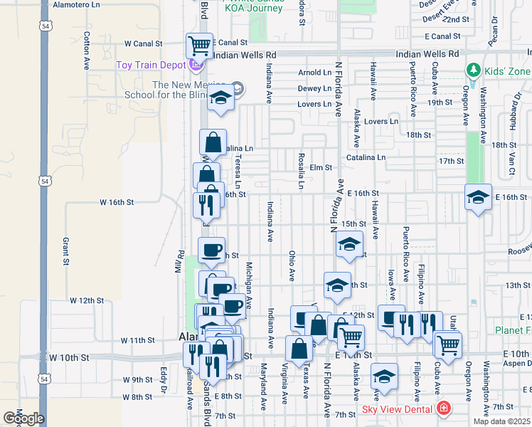 map of restaurants, bars, coffee shops, grocery stores, and more near 1509 Indiana Avenue in Alamogordo