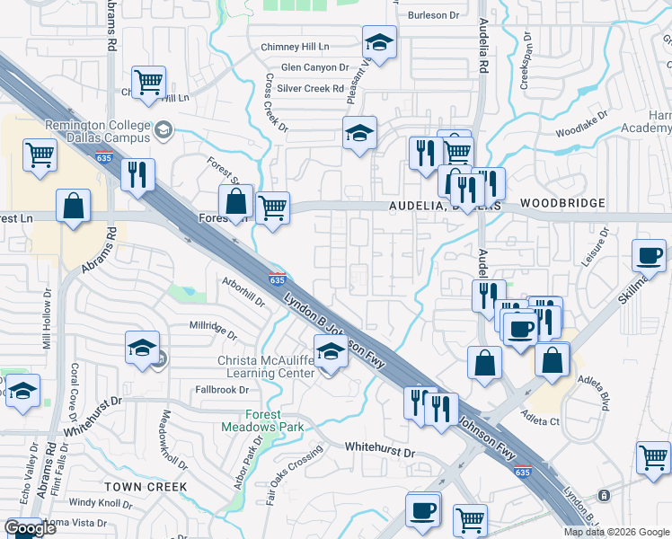 map of restaurants, bars, coffee shops, grocery stores, and more near 9670 Forest Lane in Dallas