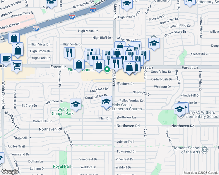 map of restaurants, bars, coffee shops, grocery stores, and more near 3664 Midpines Drive in Dallas