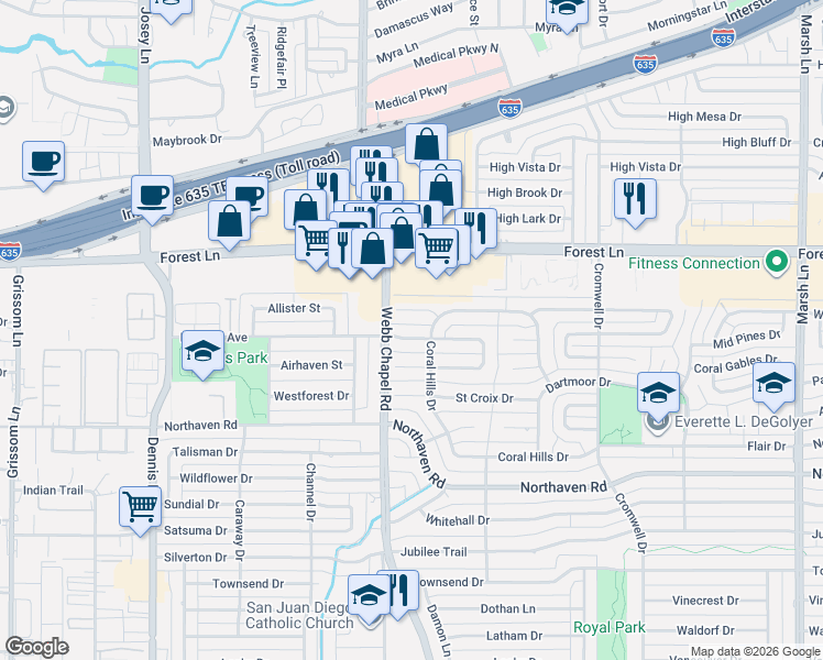 map of restaurants, bars, coffee shops, grocery stores, and more near 3157 Modella Avenue in Dallas