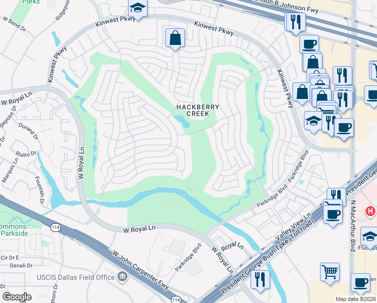 map of restaurants, bars, coffee shops, grocery stores, and more near 2112 Creekside Circle South in Irving