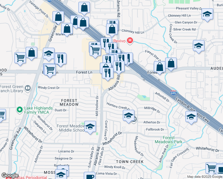 map of restaurants, bars, coffee shops, grocery stores, and more near 9404 Timberleaf Drive in Dallas