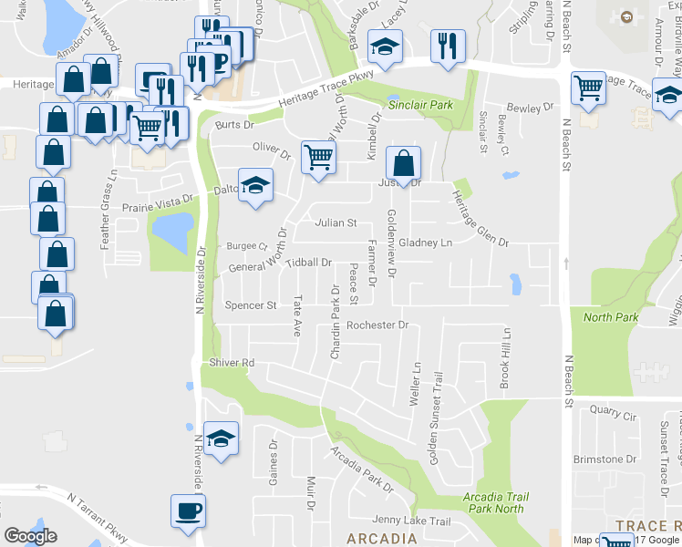 map of restaurants, bars, coffee shops, grocery stores, and more near 9132 Chardin Park Drive in Fort Worth