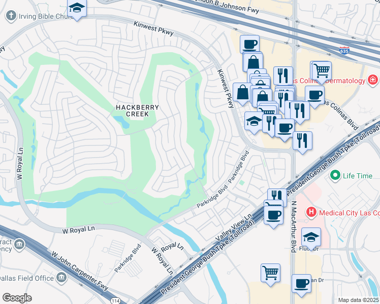 map of restaurants, bars, coffee shops, grocery stores, and more near 7320 Bradford Pear Drive in Irving