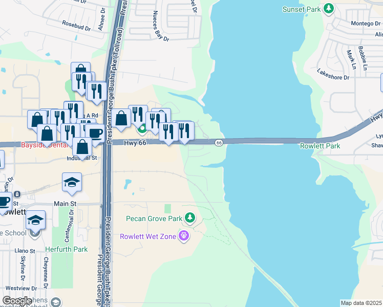 map of restaurants, bars, coffee shops, grocery stores, and more near 5401 Edgewater Circle in Rowlett