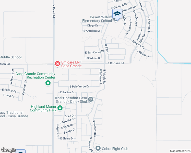 map of restaurants, bars, coffee shops, grocery stores, and more near 1661 East Jardin Place in Casa Grande
