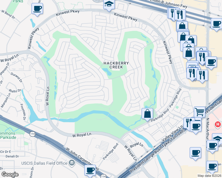 map of restaurants, bars, coffee shops, grocery stores, and more near 2112 Creekside Circle South in Irving