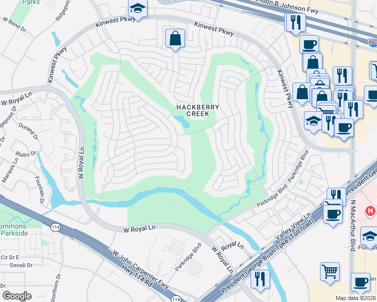 map of restaurants, bars, coffee shops, grocery stores, and more near 2112 Creekside Circle South in Irving