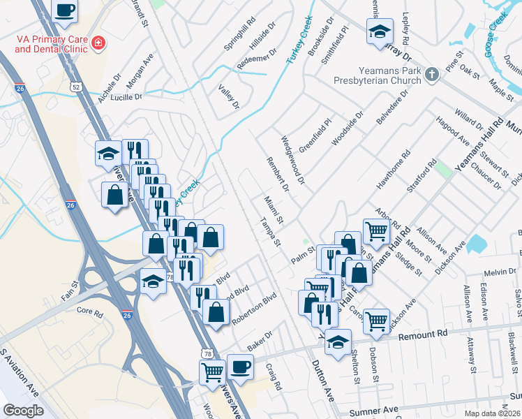 map of restaurants, bars, coffee shops, grocery stores, and more near 6020 Tampa Street in Hanahan