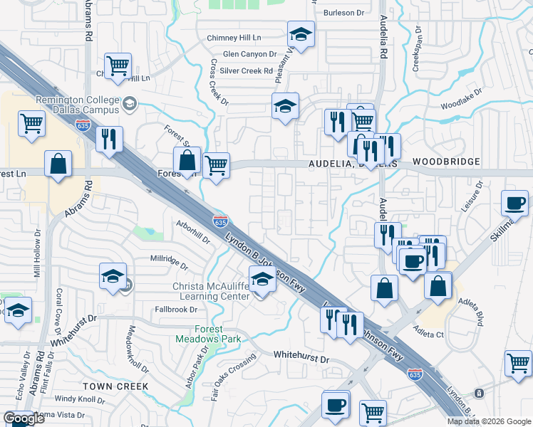 map of restaurants, bars, coffee shops, grocery stores, and more near 9670 Forest Lane in Dallas