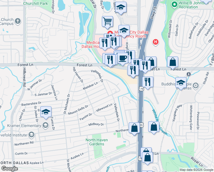 map of restaurants, bars, coffee shops, grocery stores, and more near 11526 Valleydale Drive in Dallas