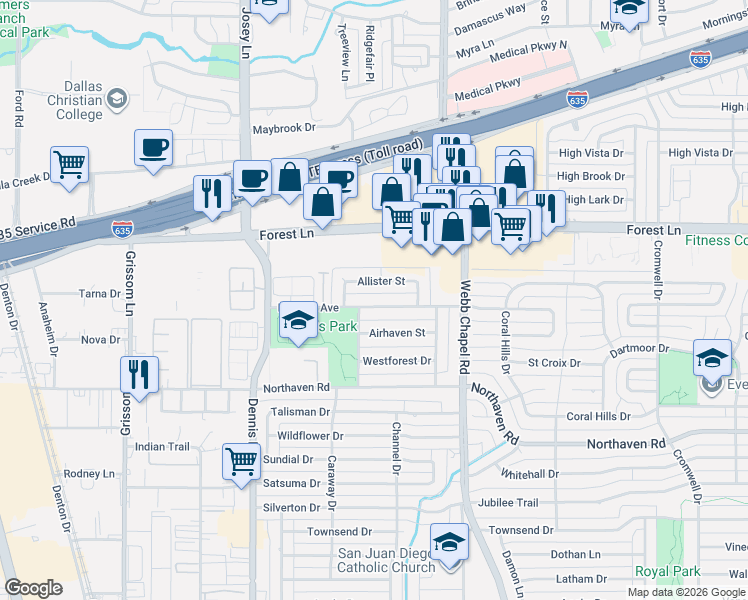 map of restaurants, bars, coffee shops, grocery stores, and more near 3025 Modella Avenue in Dallas