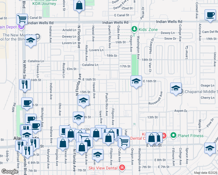 map of restaurants, bars, coffee shops, grocery stores, and more near 1202 Elkins Place in Alamogordo