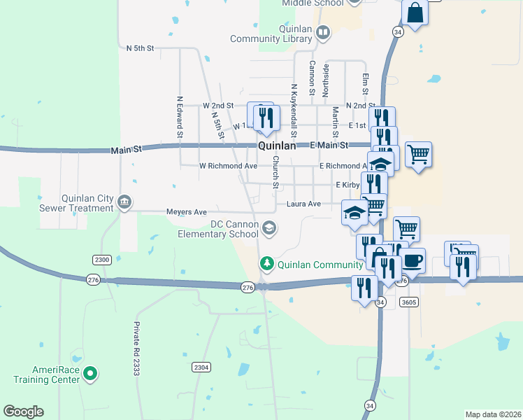 map of restaurants, bars, coffee shops, grocery stores, and more near 308 Church Street in Quinlan