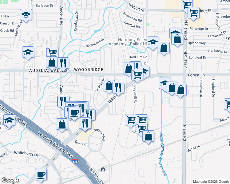 map of restaurants, bars, coffee shops, grocery stores, and more near 9644 Skillman Street in Dallas