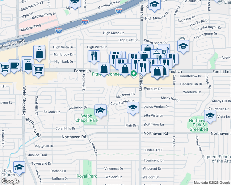 map of restaurants, bars, coffee shops, grocery stores, and more near 3611 Weeburn Drive in Dallas