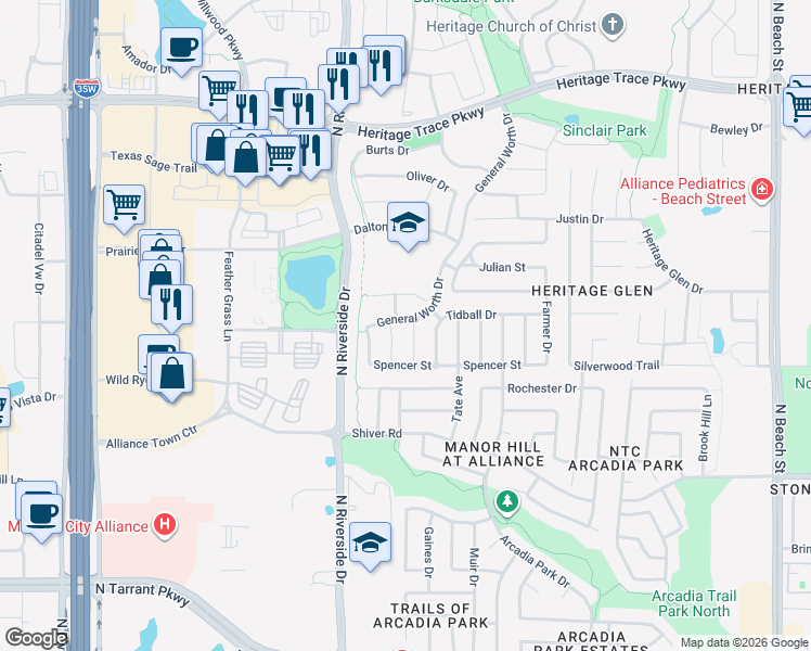 map of restaurants, bars, coffee shops, grocery stores, and more near 9133 Brinson Drive in Fort Worth