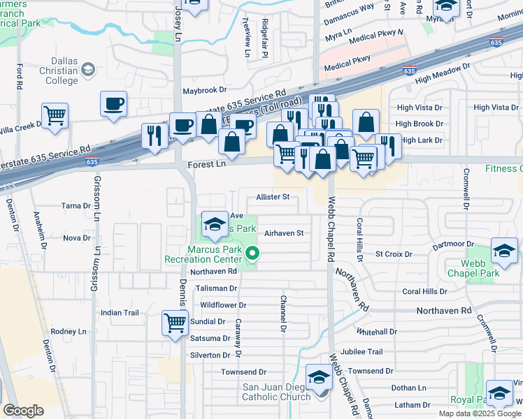 map of restaurants, bars, coffee shops, grocery stores, and more near 3025 Modella Avenue in Dallas