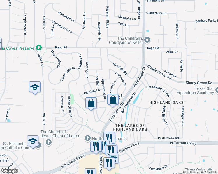 map of restaurants, bars, coffee shops, grocery stores, and more near 1604 Birchmont Lane in Keller