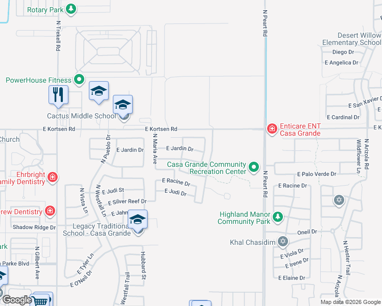 map of restaurants, bars, coffee shops, grocery stores, and more near 1358 Prickly Pear Street in Casa Grande