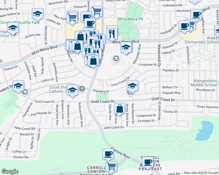 map of restaurants, bars, coffee shops, grocery stores, and more near 8412 Flanders Drive in San Diego