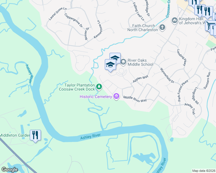 map of restaurants, bars, coffee shops, grocery stores, and more near 5405 Horsemint Trail in North Charleston