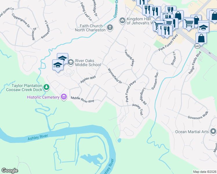map of restaurants, bars, coffee shops, grocery stores, and more near 4720 Landerwood Court in Charleston